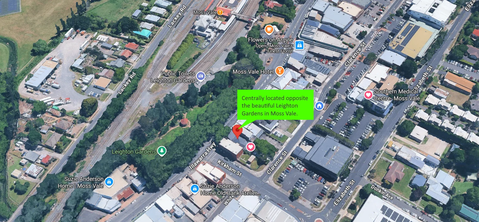 Aerial map showing i.care Psychology opposite Leighton Gardens and Moss Vale Train Station
